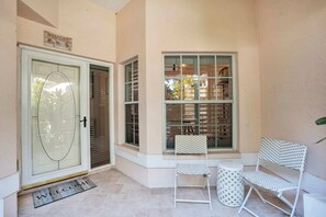 There is a café style seating area just outside the front door