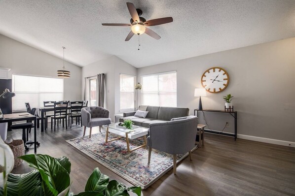 The high ceilings in this living room make the space feel comfortable and spacious!