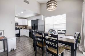 The dining area is ideal for family meals, with a fully equipped kitchen. Plus, if you're in the mood to dine out, you're just moments from great spots like North Italia, Smokey Mo's, and more.