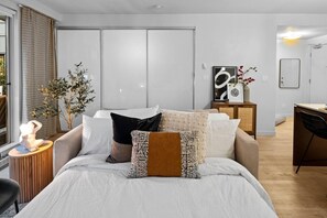 Sofa bed converted into queen bed