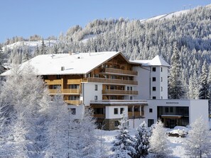 Sky, Mountain, Window, Snow, Building, Plant, Larch, Tree, Slope, Freezing