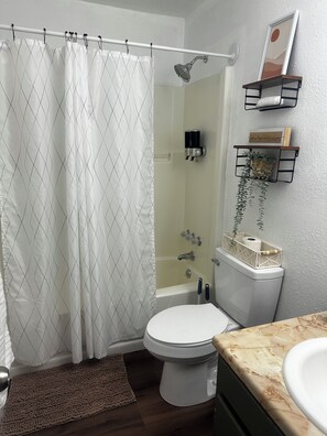 Full size bathroom with all essentials for short or long stays