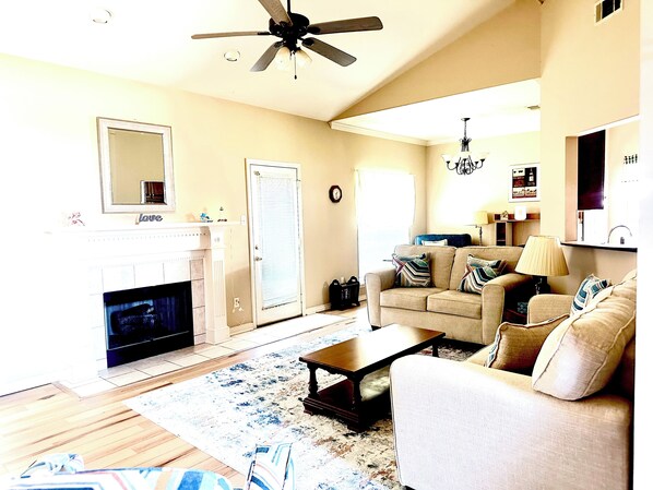 Spacious Living Room with TV that has Amazon Fire Stick 