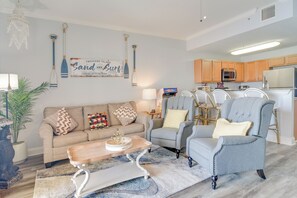 Living Room | Full Sleeper Sofa | Single-Story Unit | 4th-Floor Condo | Smart TV