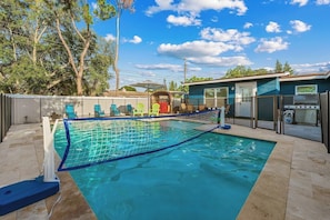 Dive into the heated pool and enjoy a game of volleyball with friends and family.