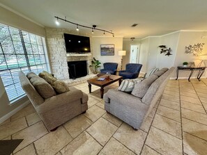 Living Room with wood burning fireplace