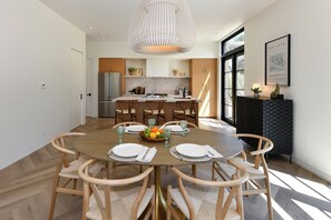 Dining table seats six.