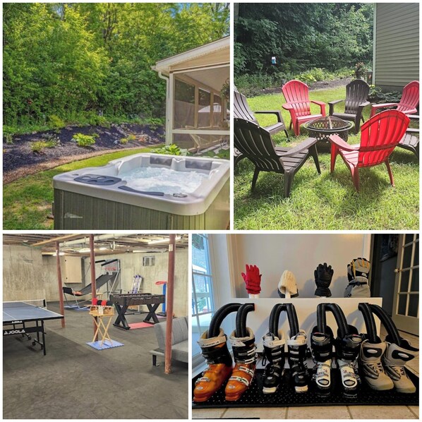 Hot tub, fire pit, game room, boot / glove dryer