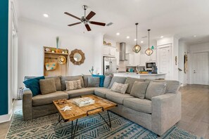 Spacious sectional seating for everyone to enjoy movie night.