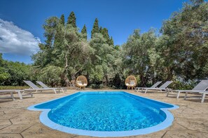 Relax by the pool, framed by olive trees and comfy sunloungers