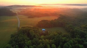 A peaceful bird’s-eye view of the meadow where the Haven rests