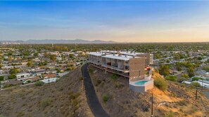 Aerial shot of complex overlooking city