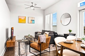 Spacious living room with stylish decor, perfect for unwinding after a day of exploring the local area.