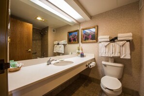 Bright bathroom with a large mirror and modern amenities