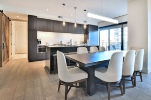 Sophisticated dining room with stylish decor and ample seating.