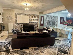 living room with large sofas.