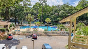 View of Pool from Building Stairwell