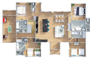 This floor plan features a spacious layout with multiple bedrooms, a game room, and an open living area, perfect for entertaining and relaxation.
