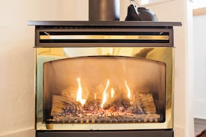 Our gas furnace heats the entire living room, creating warm, cozy atmosphere.