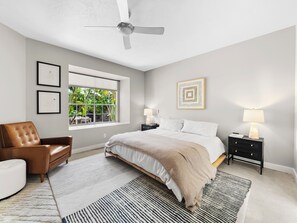Master bedroom featuring king Casper mattress, walk-in closet, walk-in shower.