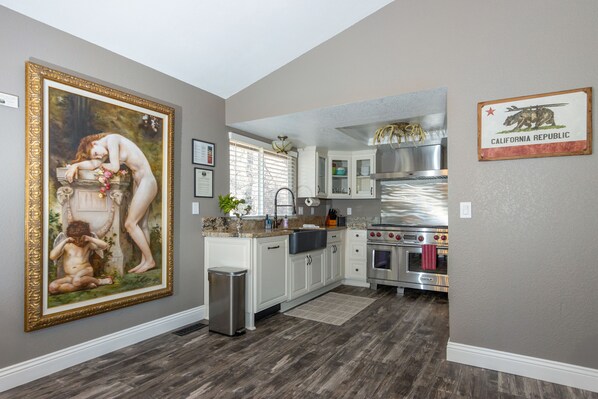 Wolf kitchen suite with 48"dual fuel stove, with clay stone farmhouse sink. 