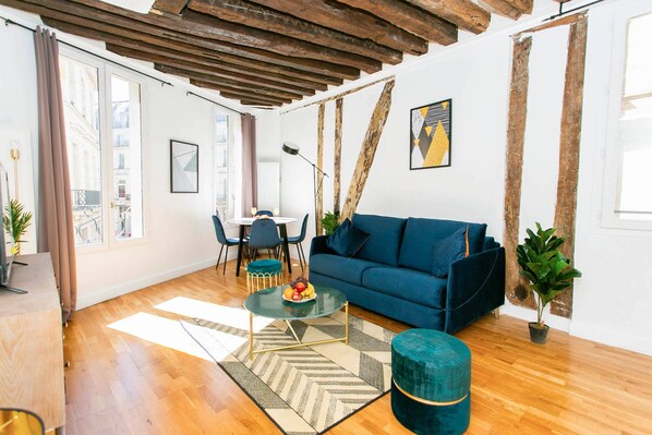 The living area with dining table