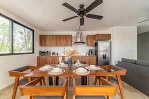 Bright and airy dining area with seating for six