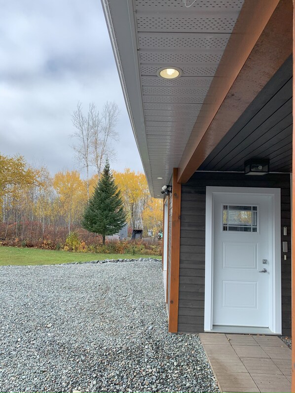 Porte d'entree sous le portique acces au garage.