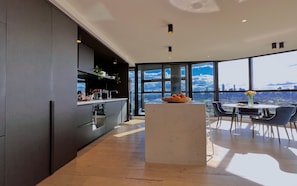 Luxury kitchen with views of the Melbourne city skyline