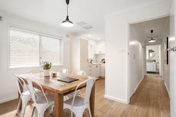 Dining - Bluetooth speaker, Large timber table seats 6.