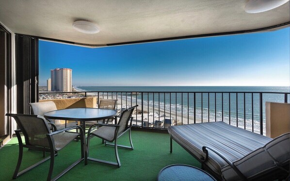 Enjoy stunning panoramic ocean views from this spacious private balcony. Perfect for morning coffee or sunset relaxation in Myrtle Beach.