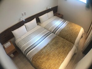 There are two semi-double beds in the bedroom.