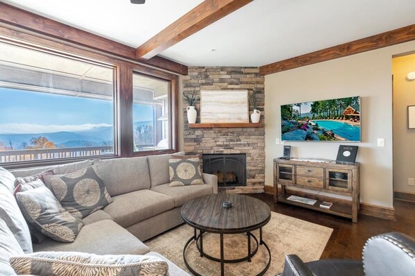 Living Room--- Cozy Fireplace, TV, Mountain View 