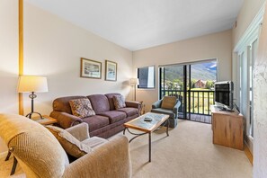 Living area with flat screen TV, queen size sleeper sofa, wood-burning fireplace, and access to the private balcony.