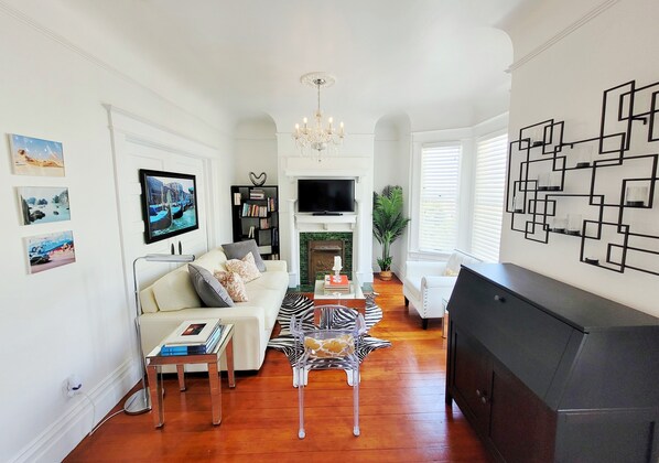 Living room with roll-up desk