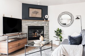 Living area with gas fireplace.