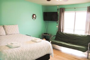 A futon is available for extra sleeping accommodations.