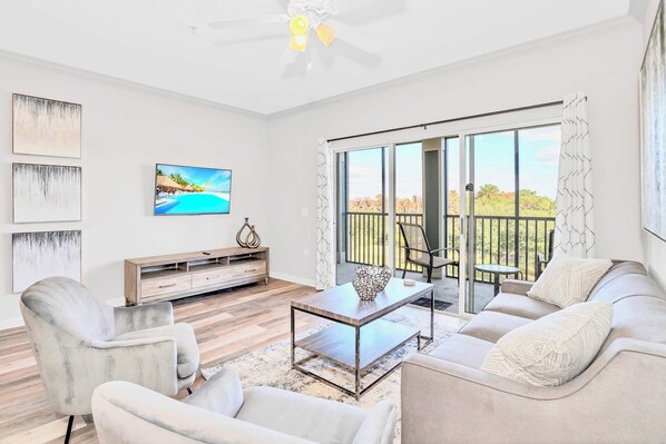 Living Room with Smart TV and Patio Access