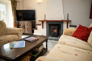Living area with wood burner, coffee table and TV