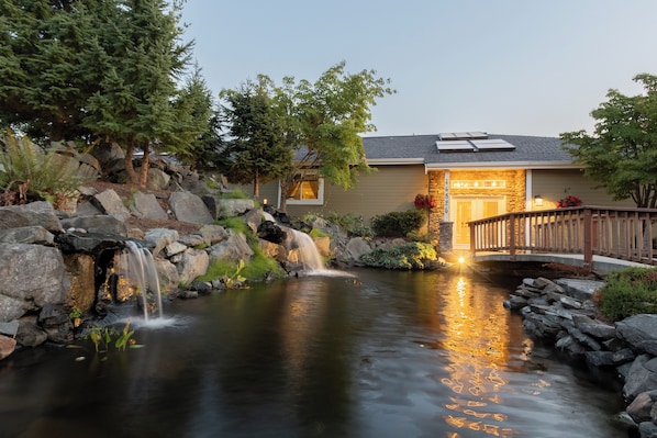 Front of house with koi pond