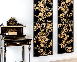 Antique desk and gold and black art by Crimson Letters