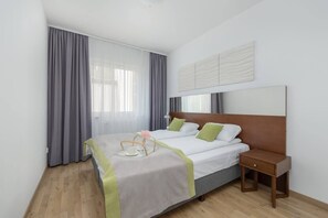 Bedroom with comfortable double bed.