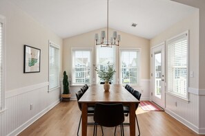 Dining table with seating for eight, plus five more seats at the kitchen island