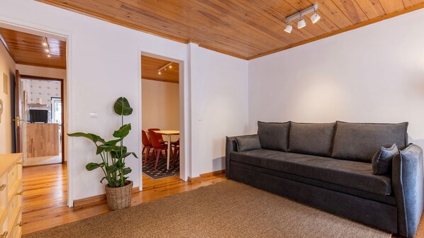 Modern living room with a sofa bed, decorated in soft, natural tones—perfect for unwinding or enjoying a good book. #home #details #apartment #airbnb