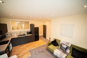 "Stylish kitchen with modern amenities."
