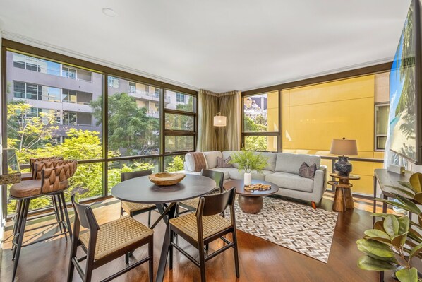 Floor-to-ceiling windows for a view of Petco Park.