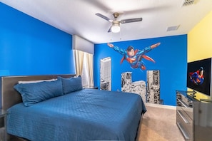 Second floor Superman Room with King bed and shared Jack and Jill Bathroom