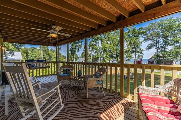 Screened porch and river view.
