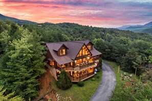 Birds-eye view of our 3-level cabin at dusk.