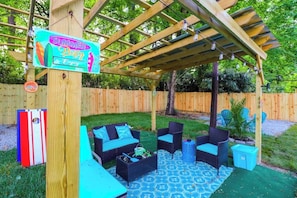 Back Yard Sitting Area with string lights